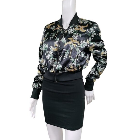 Victoria's Secret Black Luxe Palm Satin Twee Retro Bomber Black Cropped Jacket S - Picture 2 of 12